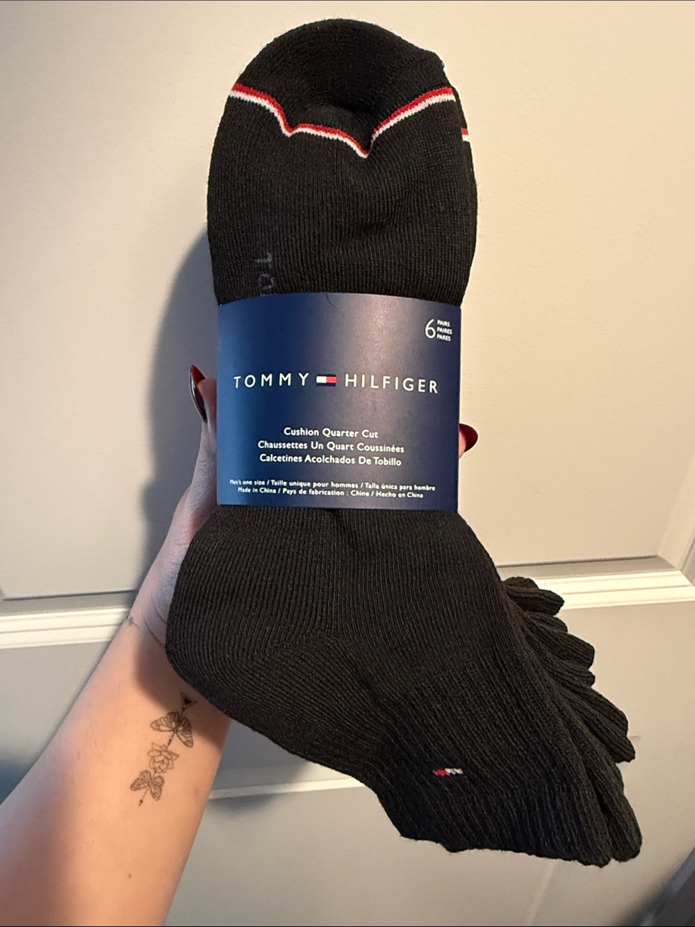 Tommy Hilfiger Black Athletic Cushion Quarter Socks with Red & White Accent